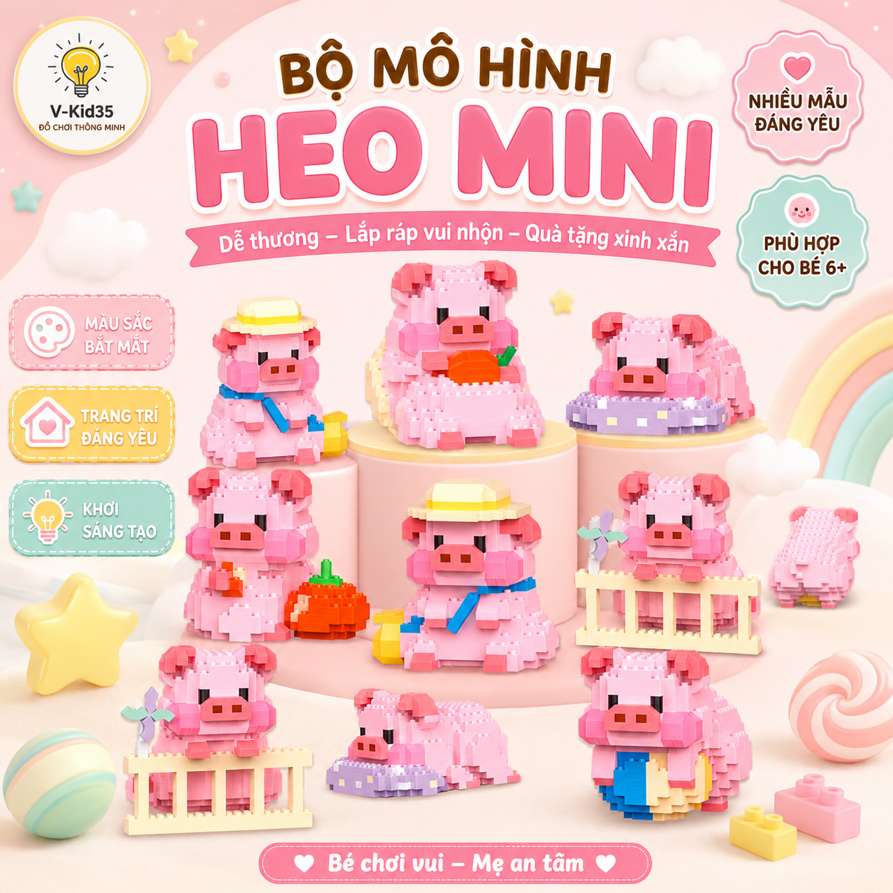 Đồ Chơi Lắp Ráp Những Chú Heo Đáng Yêu - Sản phẩm trang trí bàn học Ngộ Nghĩnh Đáng Yêu