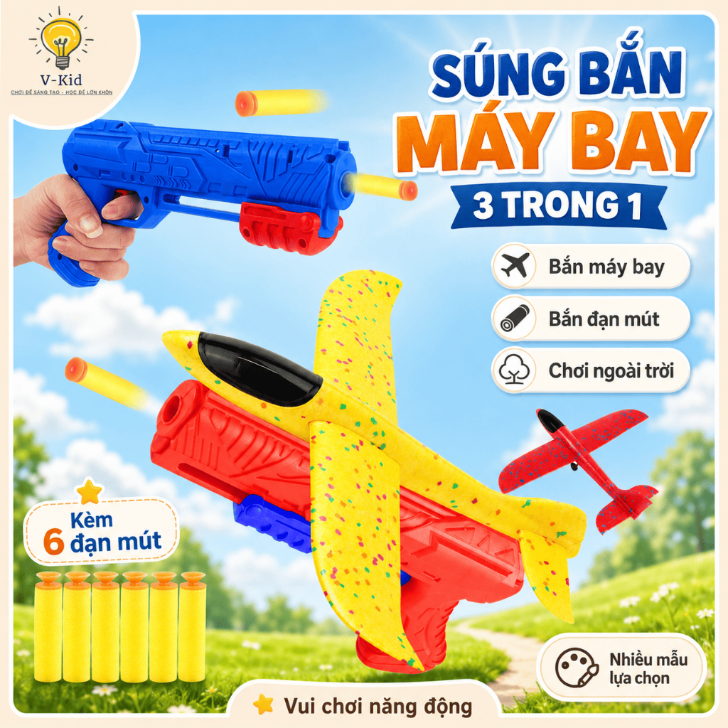 Bộ Đồ Chơi Phóng Máy Bay Xốp EPP Cho Bé, Tay Phóng Cơ Học Không Cần Pin, Bay Xa Vui Nhộn
