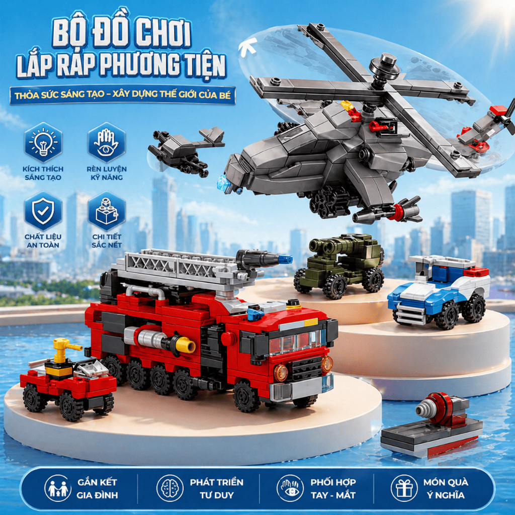 Bộ Mô Hình Lắp Ráp 10 trong 1 Mini 3D Tư Duy, Sáng Tạo, Trang Trí. Cần Cẩu, Máy Bay, Xe Tăng.