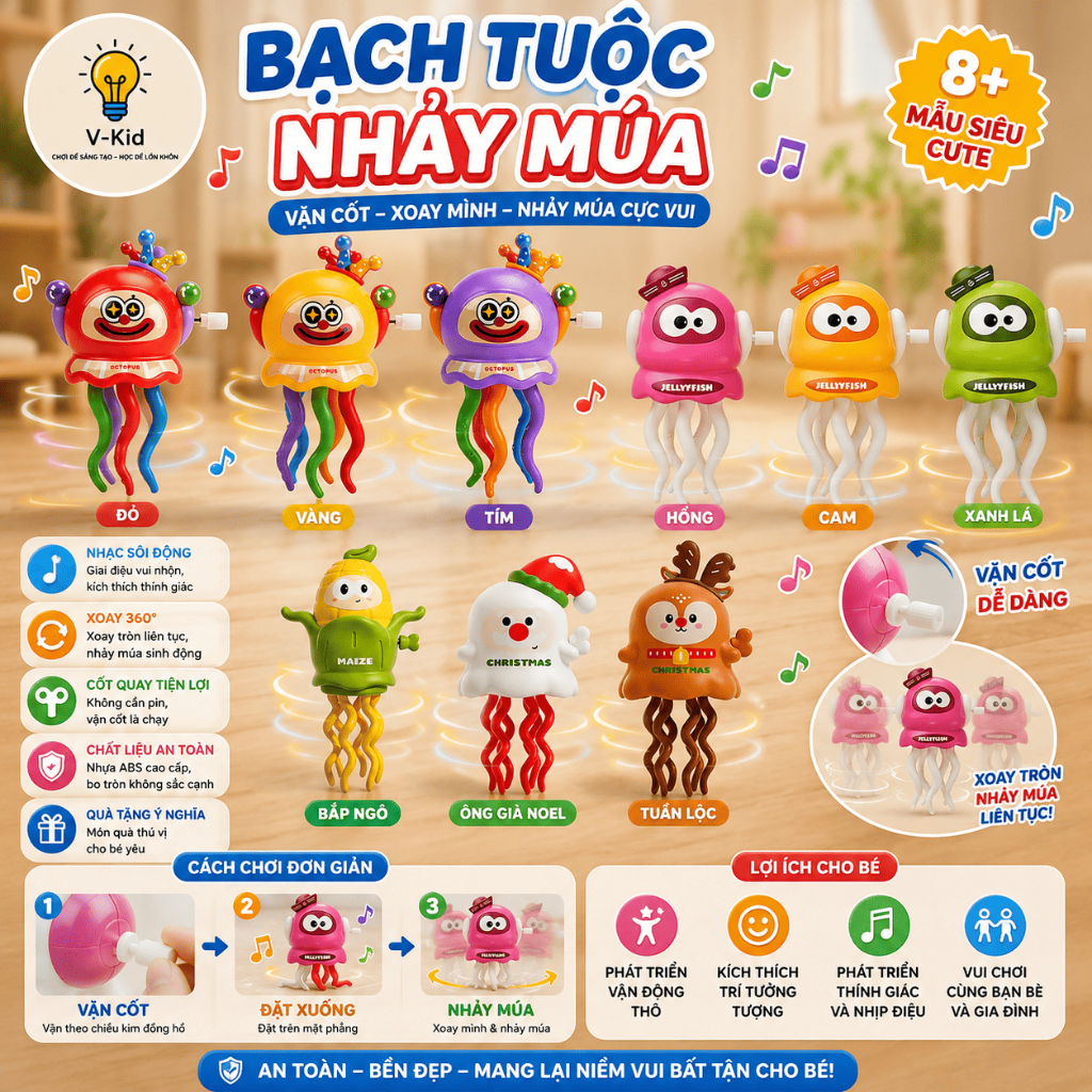 Bạch Tuộc Nhảy Múa Vặn Cót Phát Nhạc, Đồ Chơi Xoay Chuyển Động Vui Nhộn Cho Bé