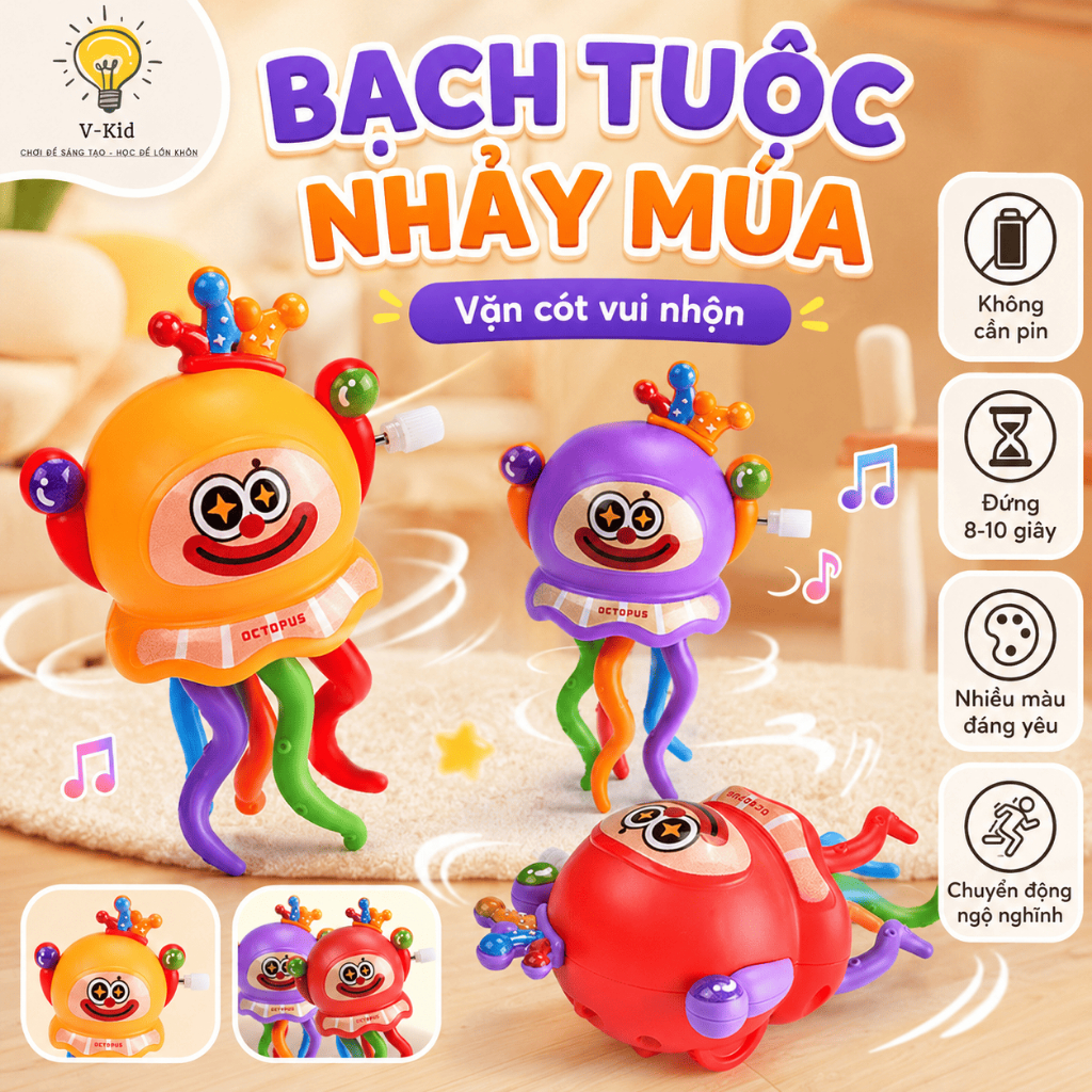 Bạch Tuộc Nhảy Múa Vặn Cót Phát Nhạc, Đồ Chơi Xoay Chuyển Động Vui Nhộn Cho Bé