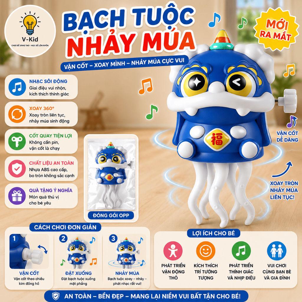 Bạch Tuộc Nhảy Múa Vặn Cót Phát Nhạc, Đồ Chơi Xoay Chuyển Động Vui Nhộn Cho Bé