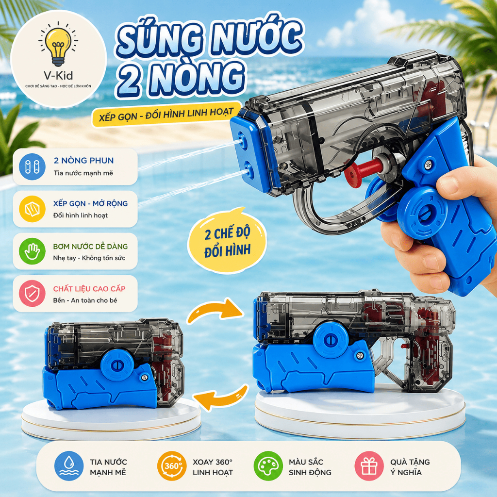 Đồ Chơi Phun Nước 2 Vòi Cho Bé, Gấp Gọn Đổi Hình Xoay 360 Độ, Phun Nước Vui Nhộn Với Bạn Bè