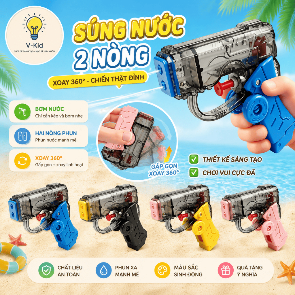Đồ Chơi Phun Nước 2 Vòi Cho Bé, Gấp Gọn Đổi Hình Xoay 360 Độ, Phun Nước Vui Nhộn Với Bạn Bè